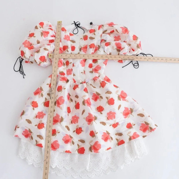For Love & Lemons Jesse Puff Sleeve Floral  Mini Dress Cream & Red S NWT - Picture 13 of 14